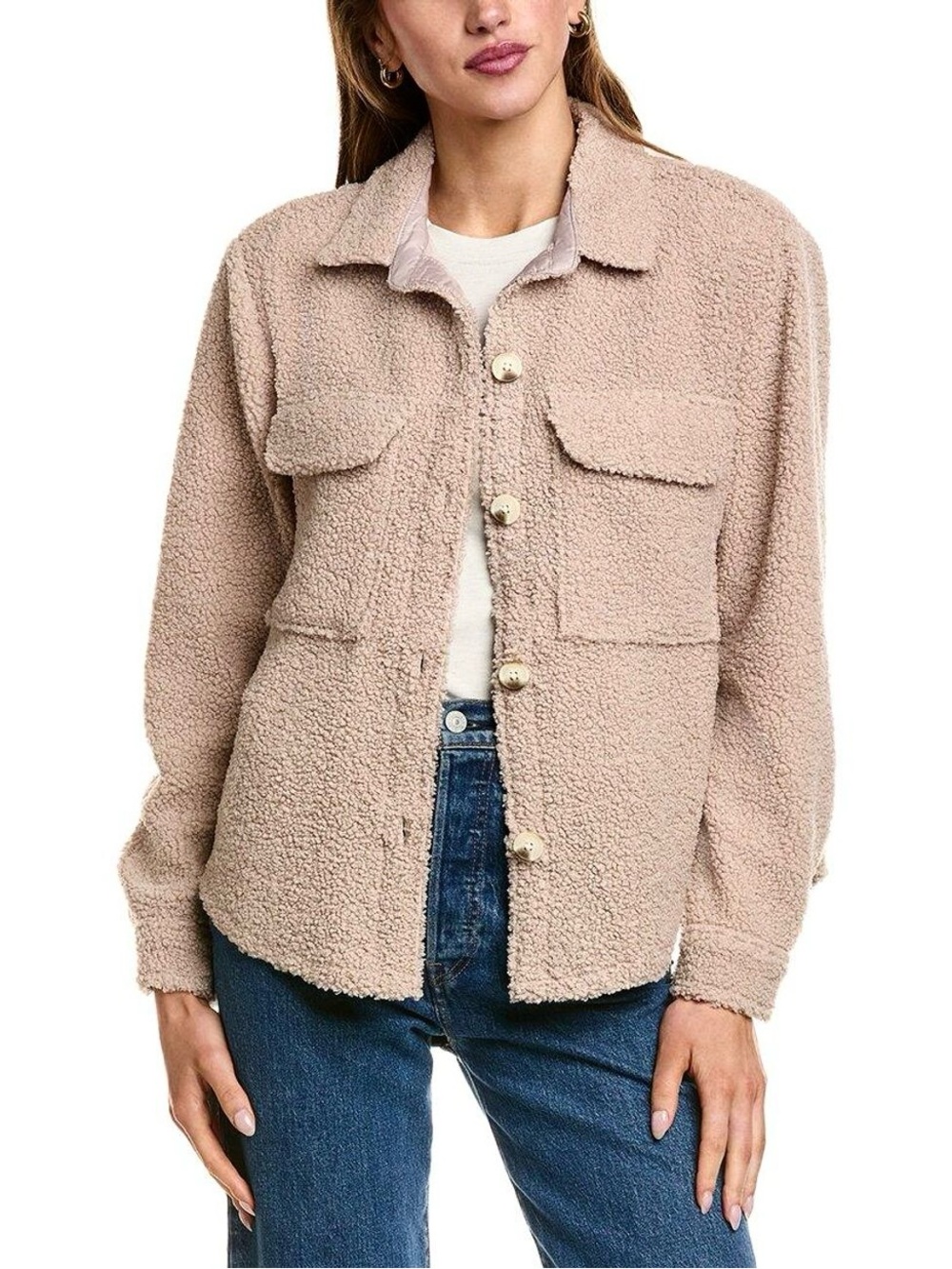 Nordstroms Beachlunchlounge Teddy Sherpa Jacket Skacket Button Front Tan Size L